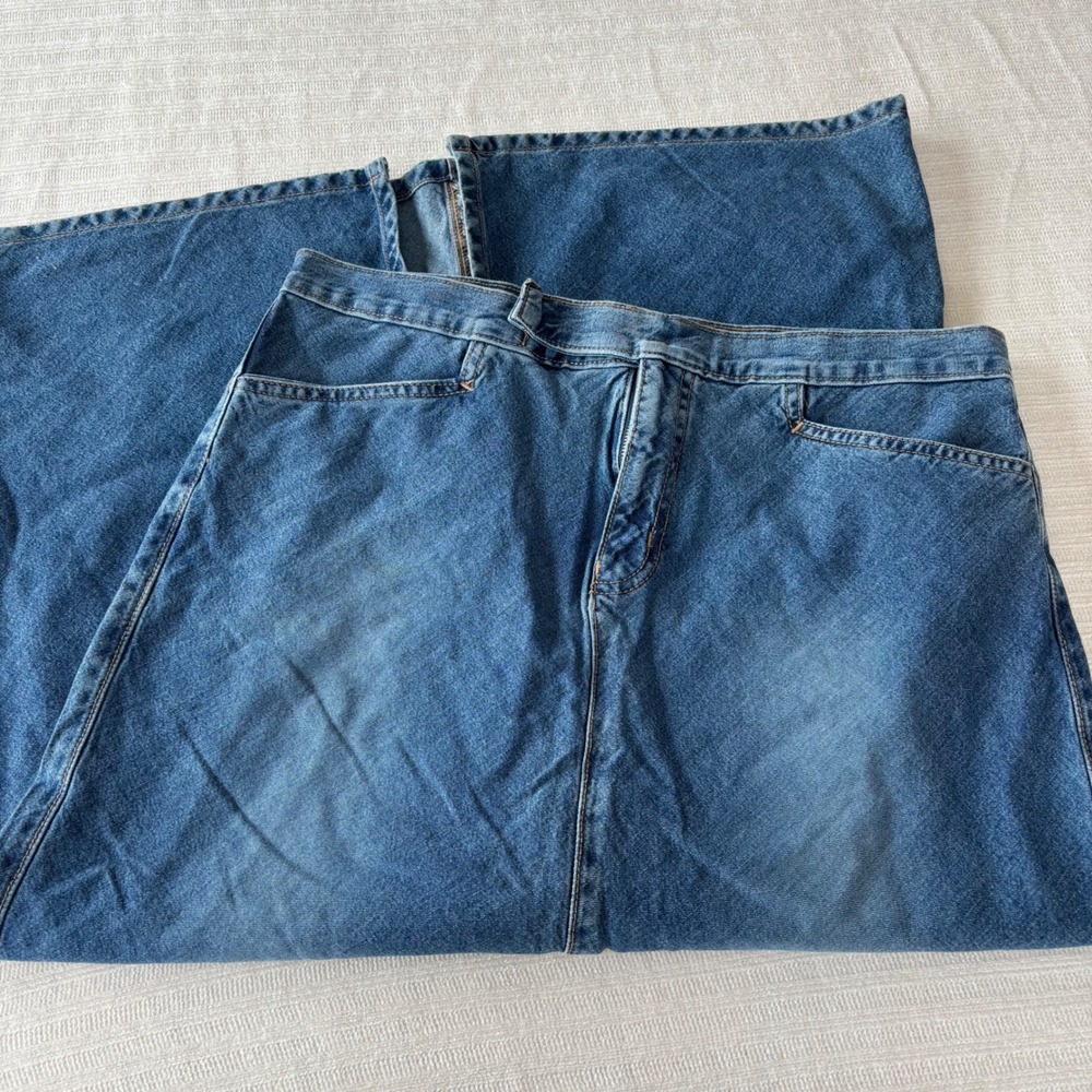 Vintage Hydraulic Denim Maxi Skirt 13/14 Medium Wash Cotton A-Line Back Slit Y2K